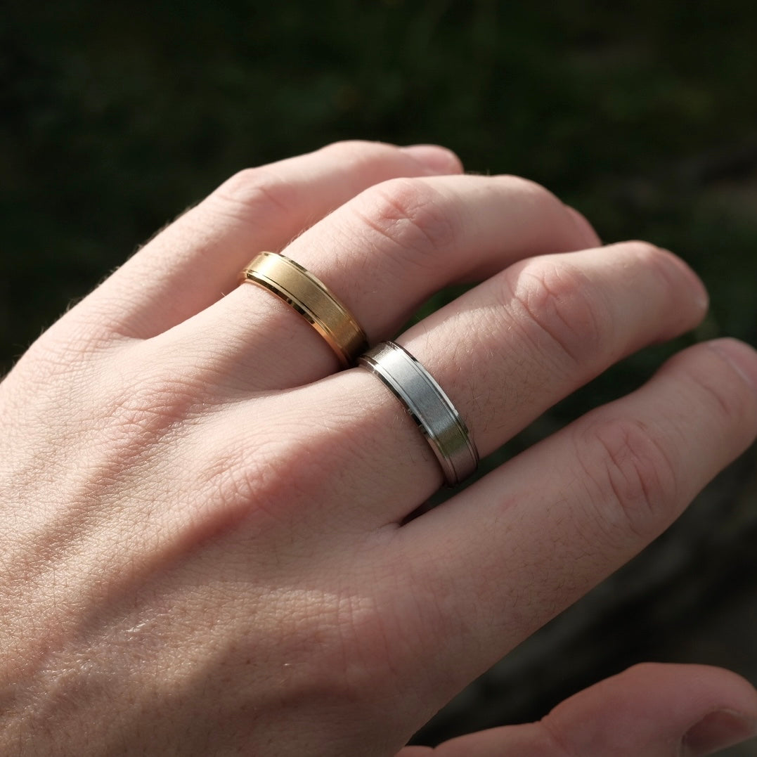 Brushed silver and gold minimal essential band rings for him