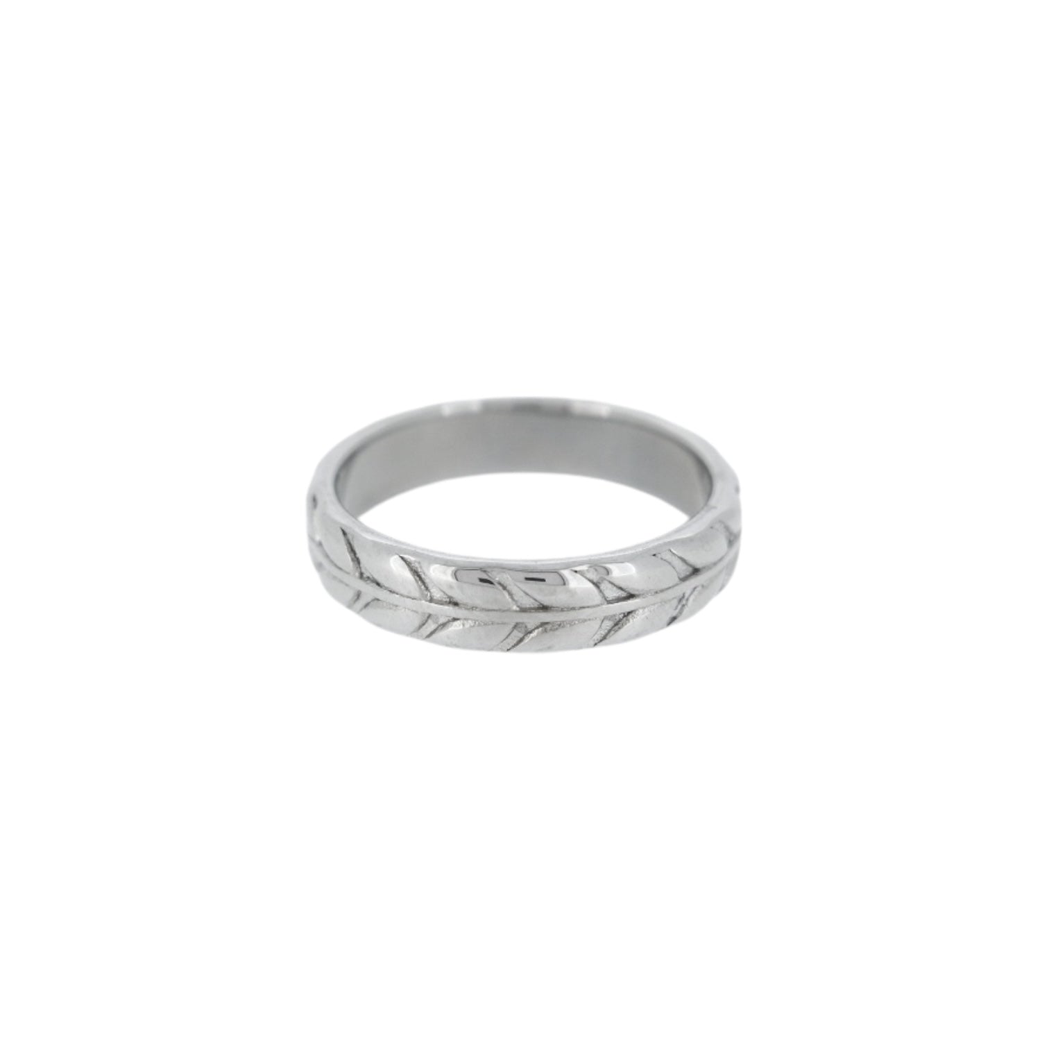 Mens stainless steel silver floral style engraved band ring