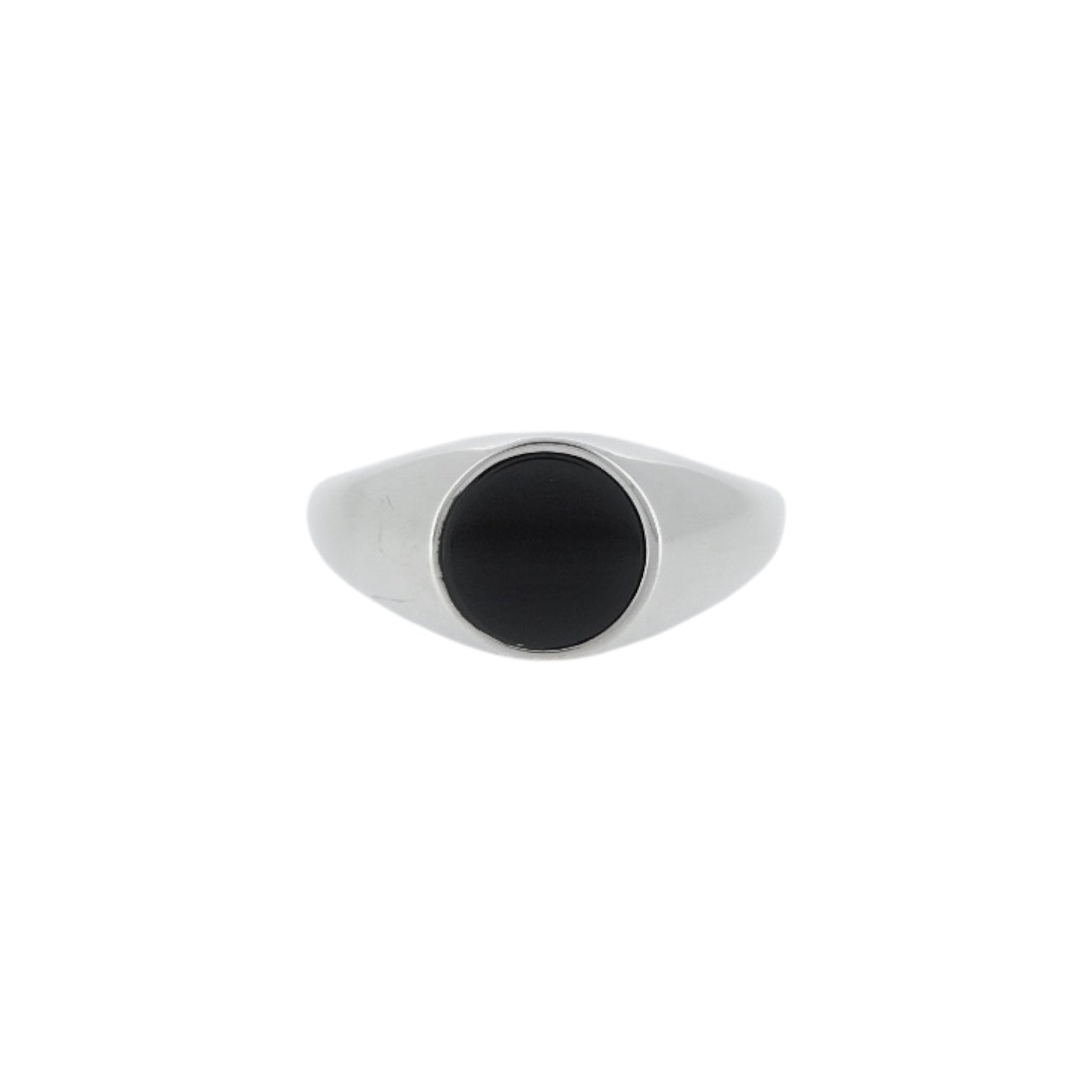 Mens silver stainless steel waterproof onyx signet ring with a circle face